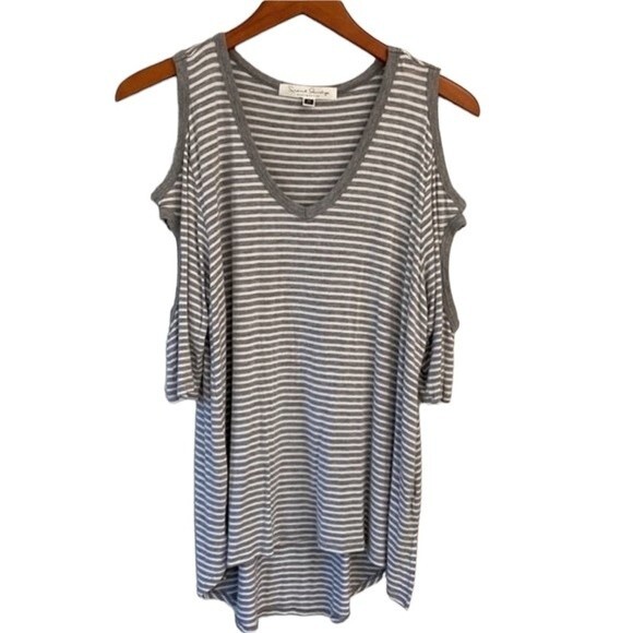 French Laundry V-Neck Stripe 3/4 Short Elbow Sleeve Tunic Tee Top High Low Slits - Picture 8 of 16